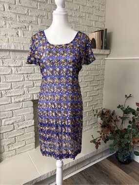 Vintage Sheer Blue Gold Metallic Geometric Tunic Dress CoverUp M/L